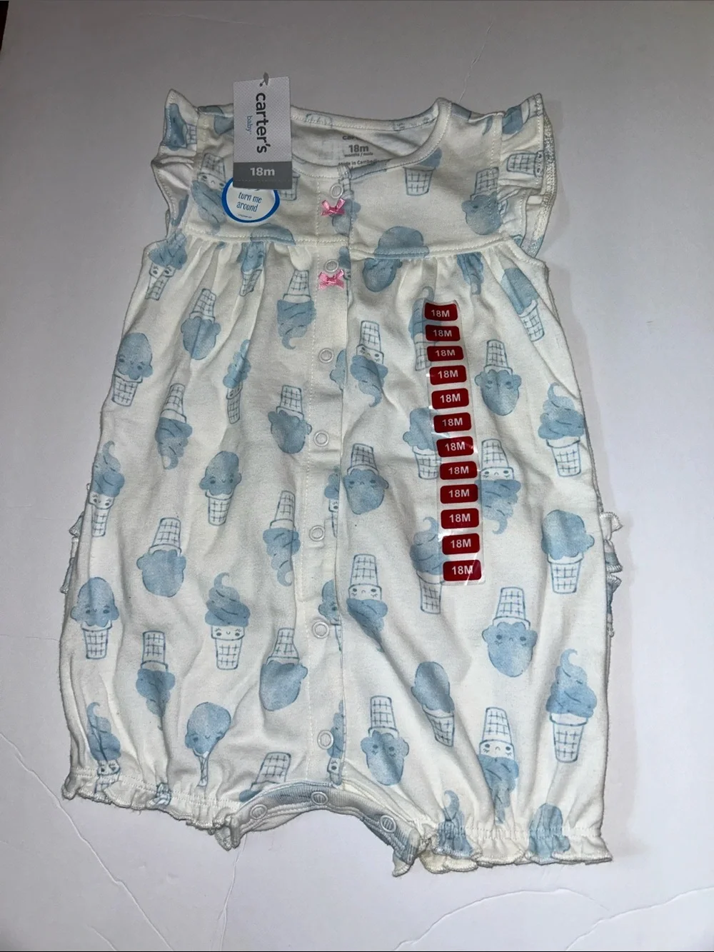 💐 10 for $50 Carter's White Romper with Light Blue Ice Cream Print